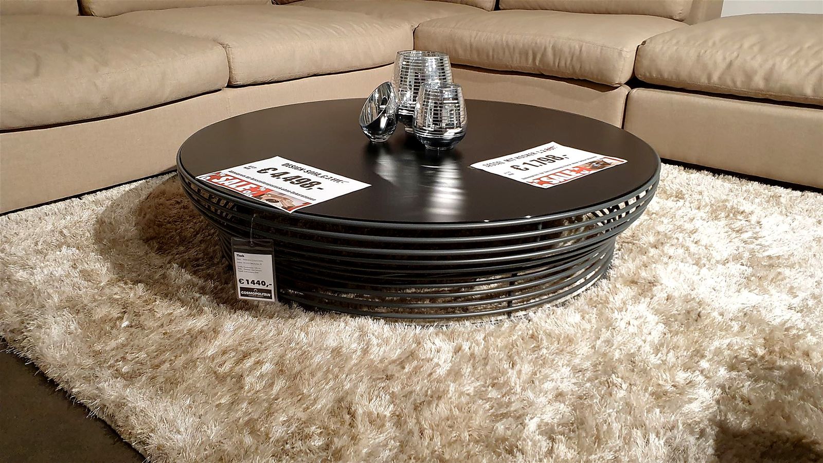 Sofatisch Ø 120 cm, Platte: Geätztes Glas Schwarz, Gestell: Anthrazitgrau Matt