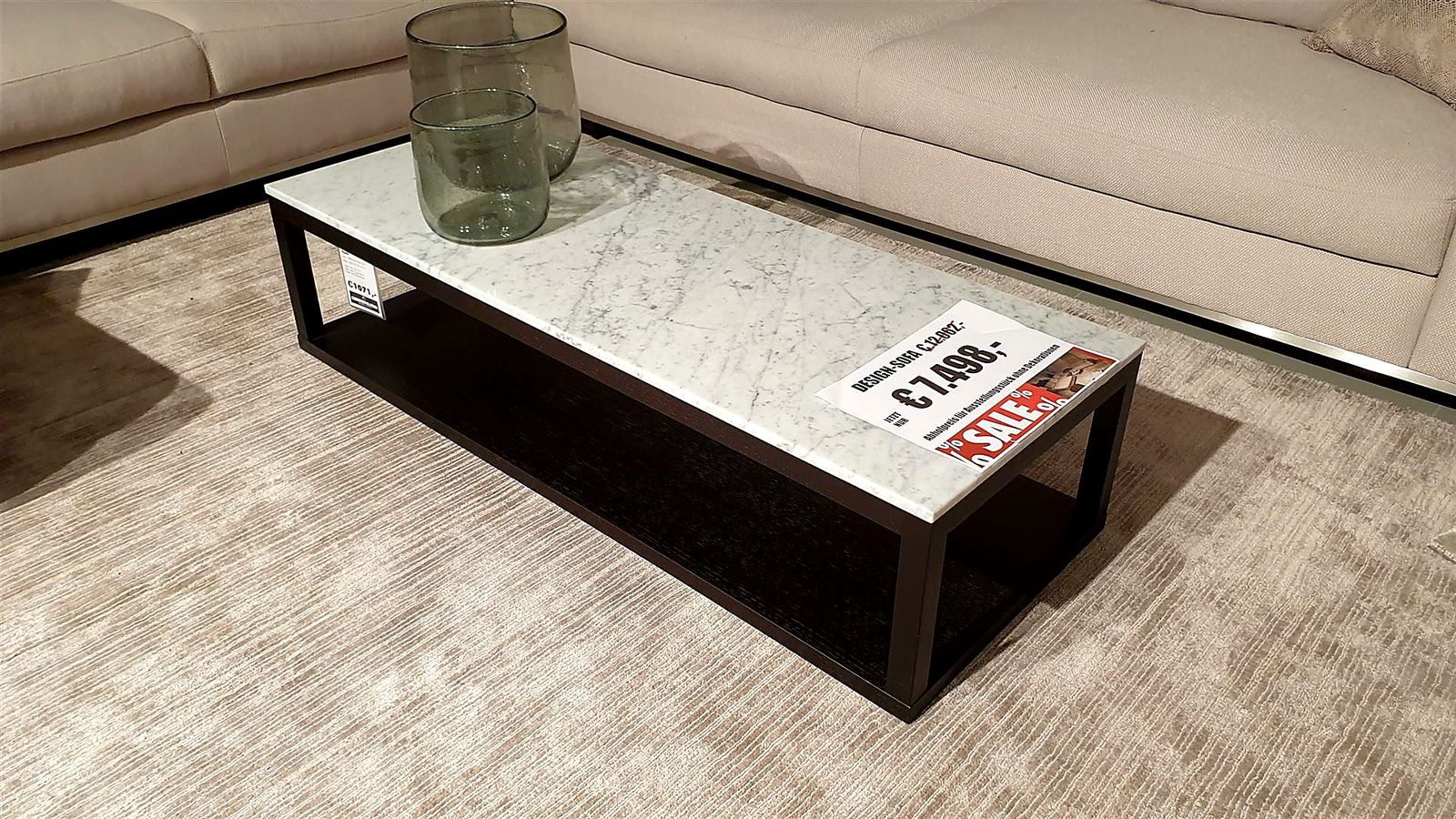 Sofatisch 120 x 45 x 27 cm, Platte: Marmor Carrara Weiß, Gestell: Eiche Wenge furniert