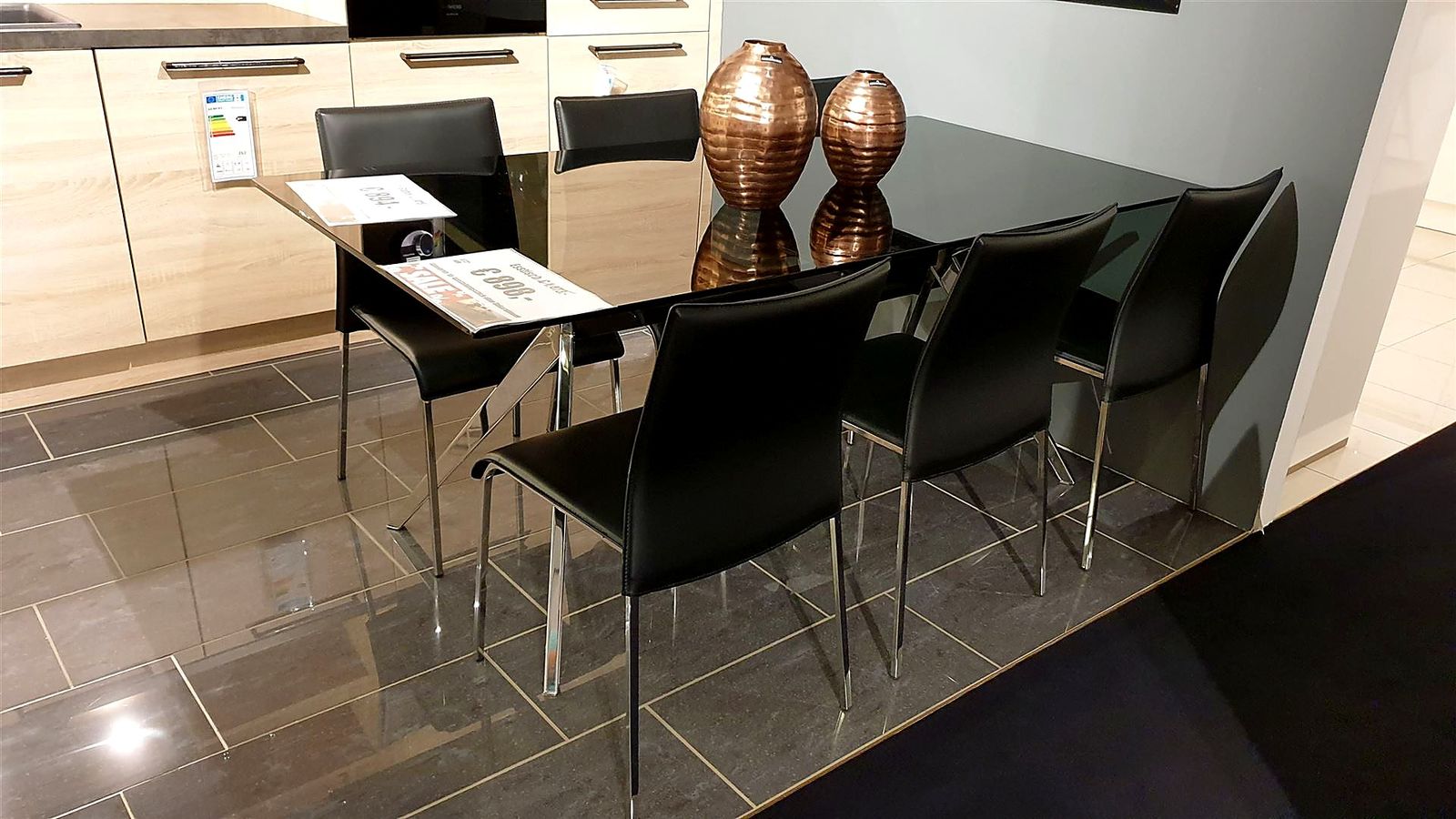 Esstisch 180 x 90 cm, Platte Glas Schwarz, Gestell Chrom X-Fuß