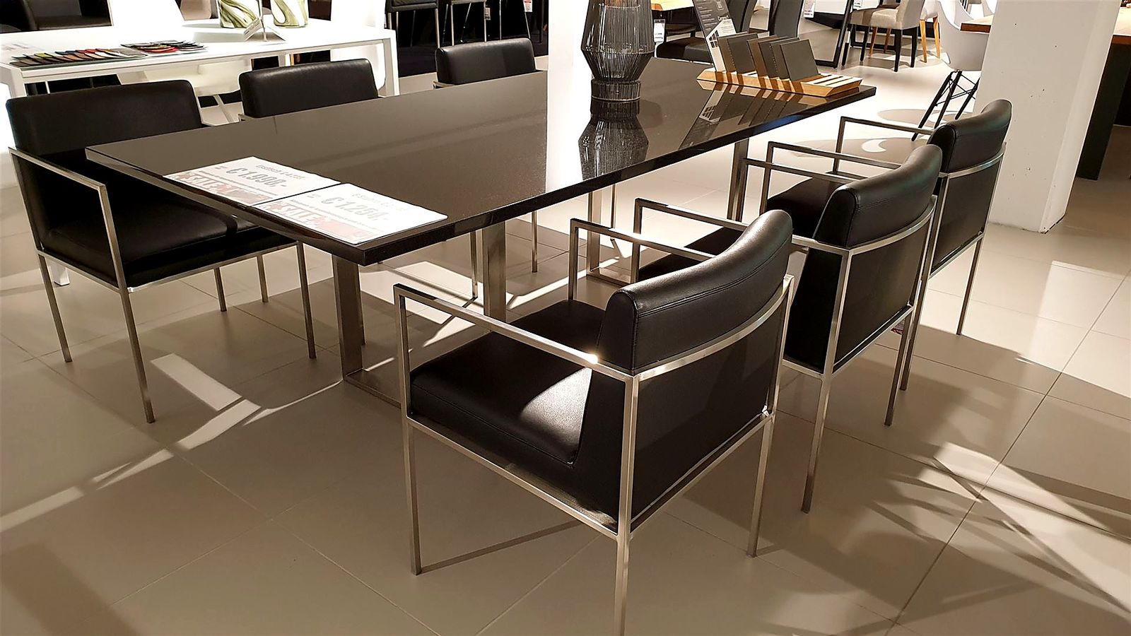 Esstisch 220 x 100 cm, Naturstein Nero Assoluto 30 mm, U-Profil Edelstahl