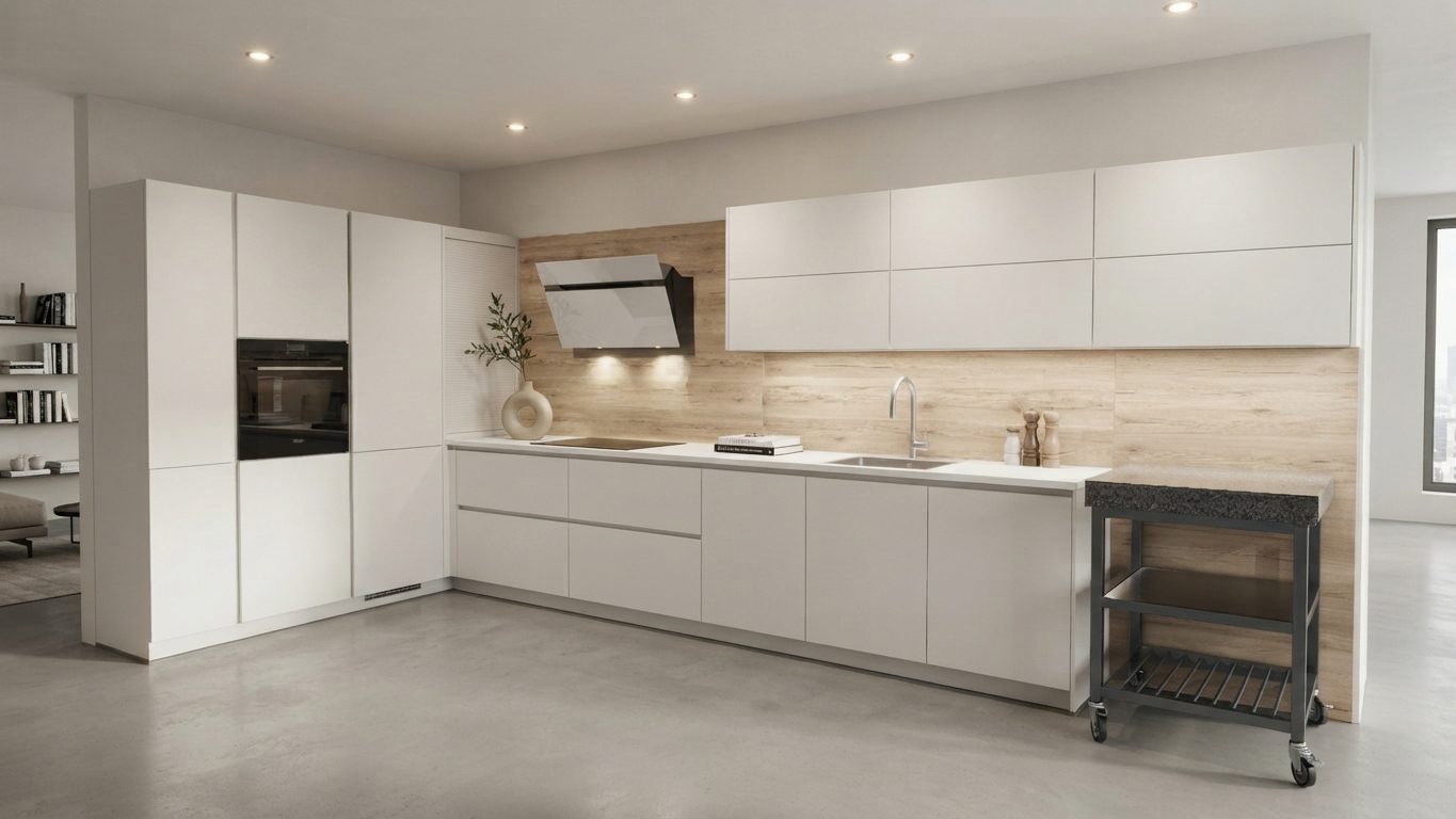 Musterküche Modern, Fronten Weiß Matt mit Holzoptik-Rückwand und freistehendem Beistellwagen