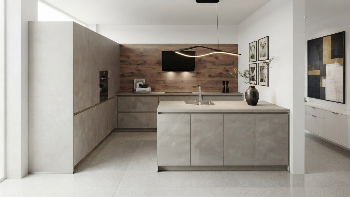 Musterküche Modern, Fronten Betonoptik Grau mit Holzoptik-Rückwand und Kochinsel